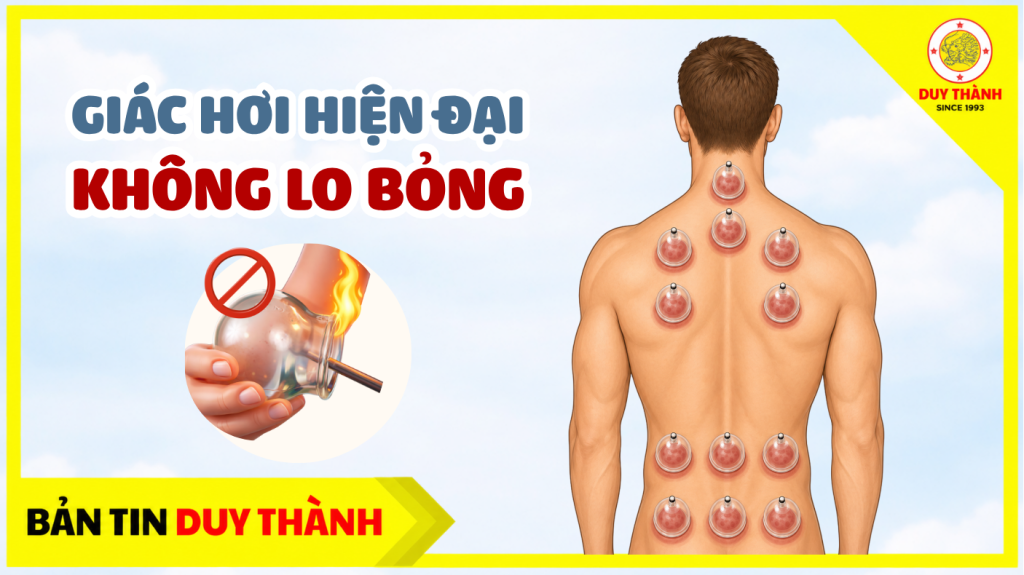 Thumbnail bài viết về giác hơi không dùng lửa, giúp người đọc nhanh chóng tiếp cận nội dung so sánh giữa phương pháp hiện đại và truyền thống.